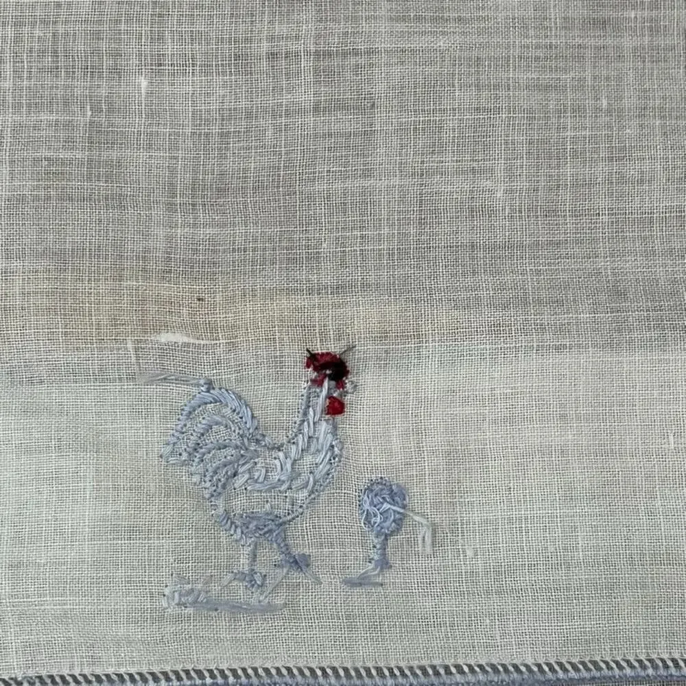 Madeira Linen Cocktail Napkins Set of 16 Hand-Embroidered Blue Rooster Drink